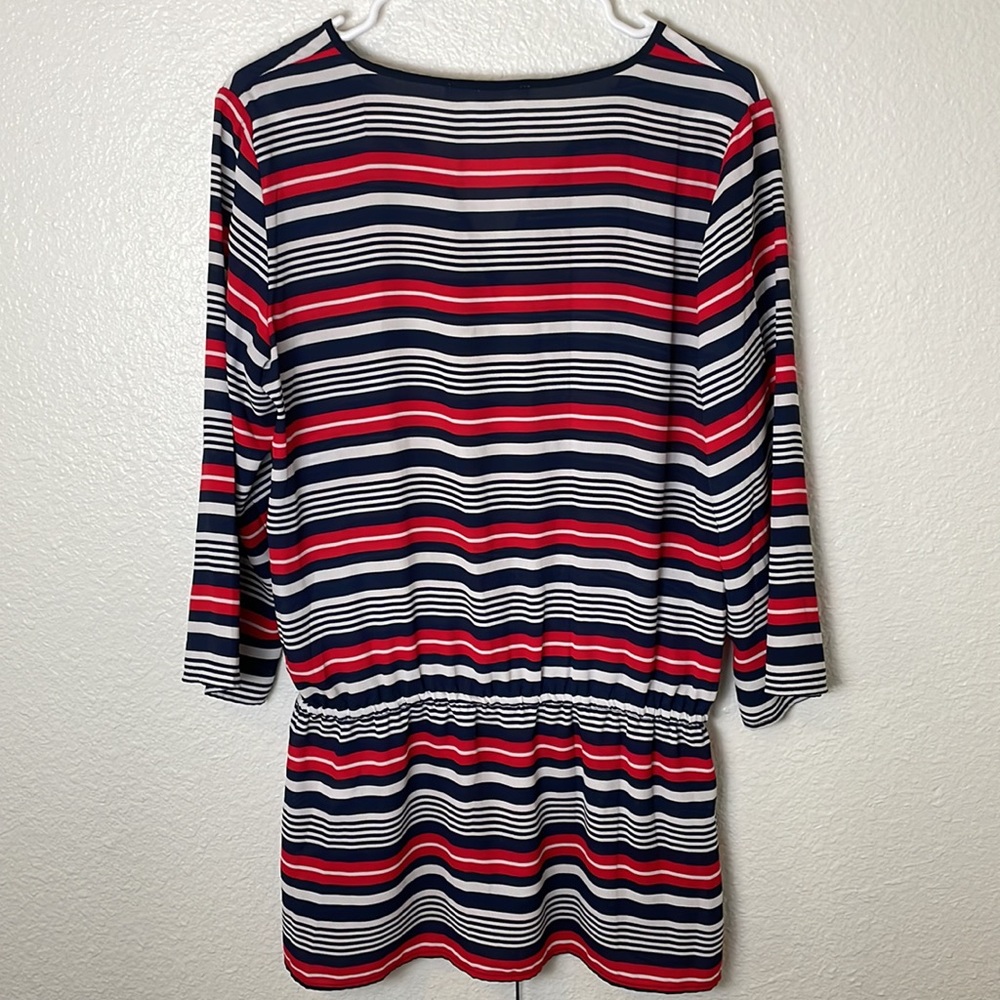 Michael Kors Red White and Blue Tunic Top 3/4 Sleeves Sheer Waist Tie - Picture 3 of 8